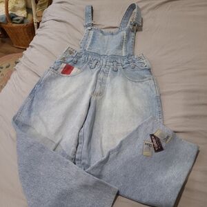 Vtg. Chewan Italian made SZ Sm cropped Overalls w/patches‎ baggy leg grunge boho